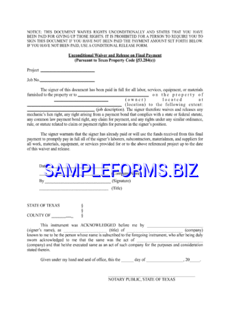Texas Unconditional Lien Waiver And Release On Final Payment pdf free
